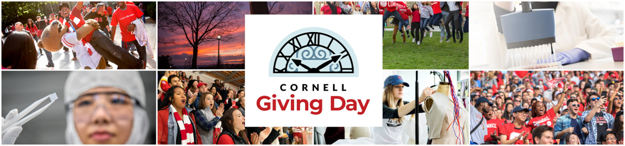 Collage of students showing Big Red spirit with Cornell Giving Day logo in the center