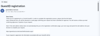 GuestID Registration Confirmation email from guestid@cornell.edu